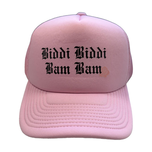 Biddi Biddi Bam Bam pink trucker hat with rose by Di Snapback