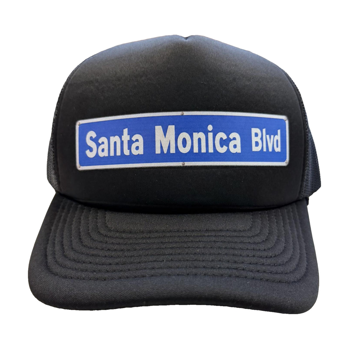 Santa Monica Blvd street sign black trucker hat by Di Snapback