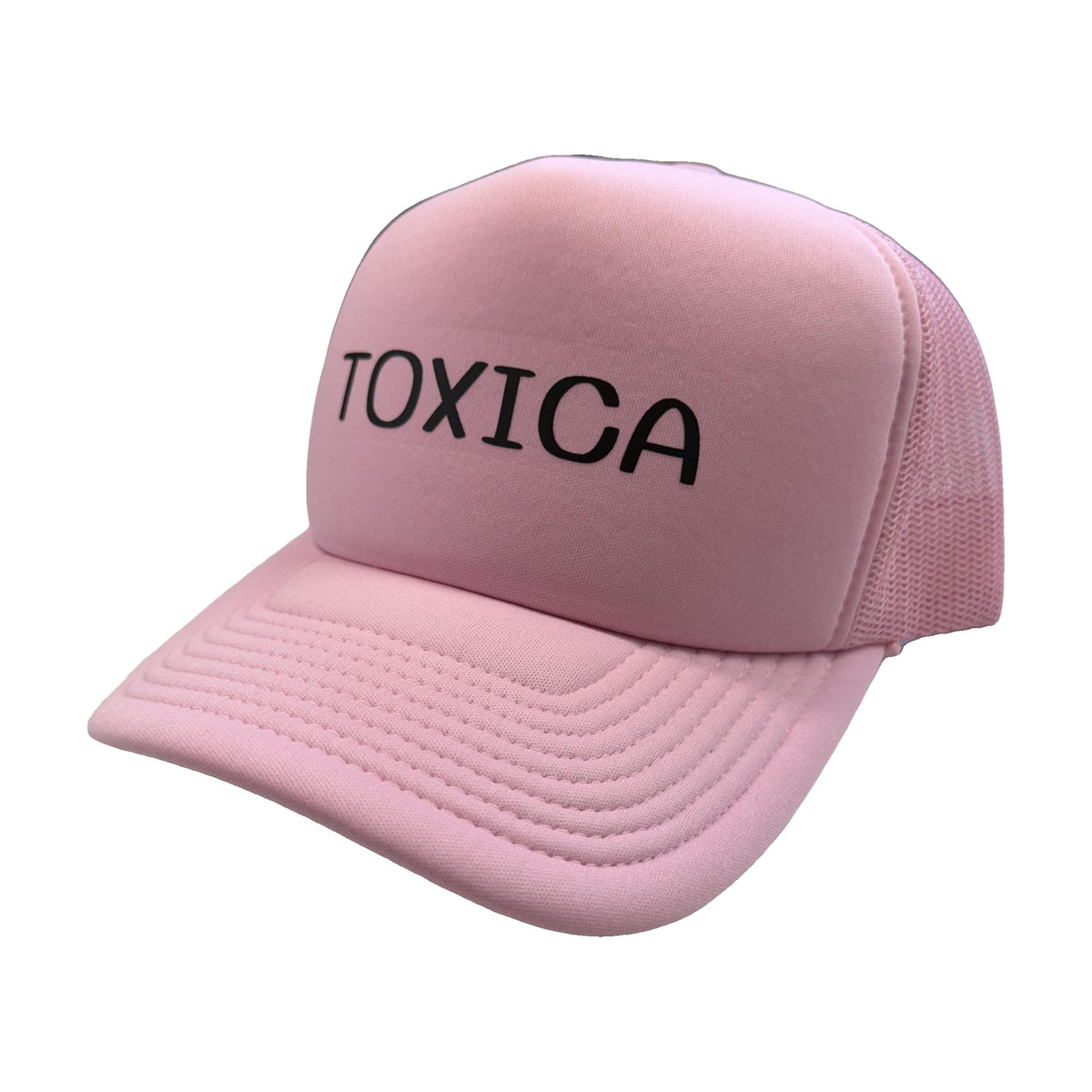 Toxica pink trucker hat, angle view, by Di Snapback