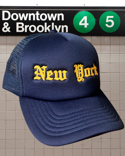 Navy Chainstitch New York Curved Bill Trucker