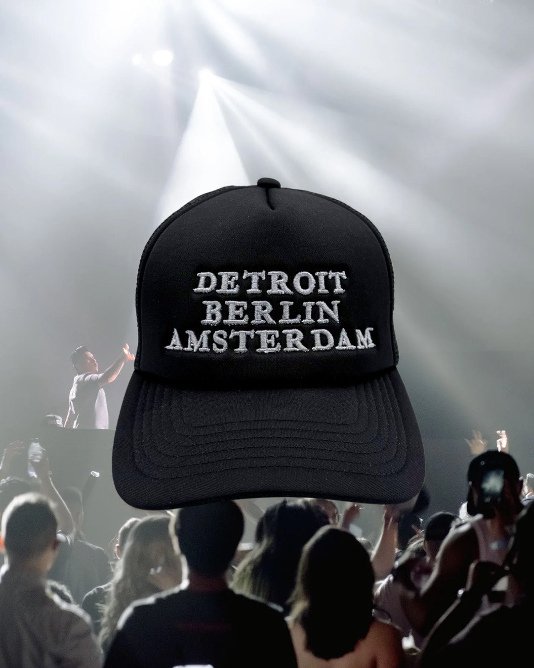 DETROIT BERLIN AMSTERDAM TECHNO TRUCKER HAT