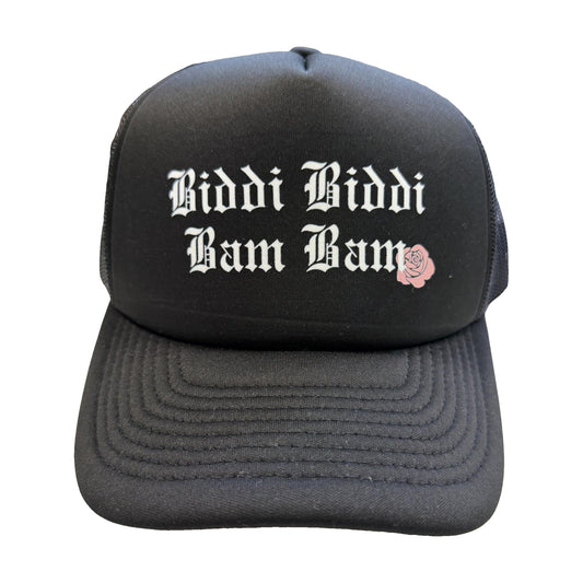 Biddi Biddi Bam Bam black trucker hat with pink rose by Di Snapback