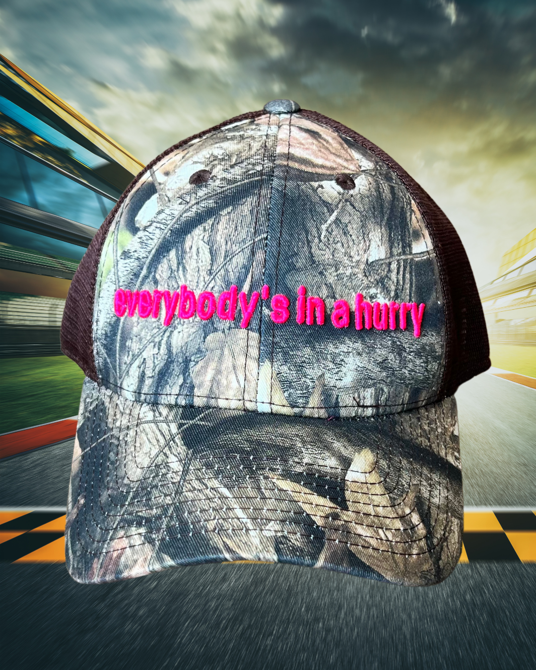 everybodys in a hurry - forest camo trucker