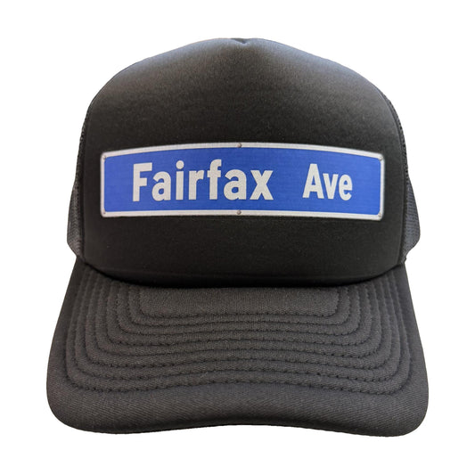 Fairfax Ave street sign black trucker hat by Di Snapback