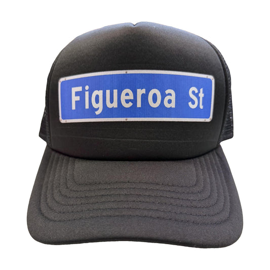 Figueroa St street sign black trucker hat by Di Snapback