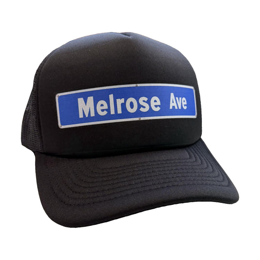 Melrose Ave street sign black trucker hat by Di Snapback
