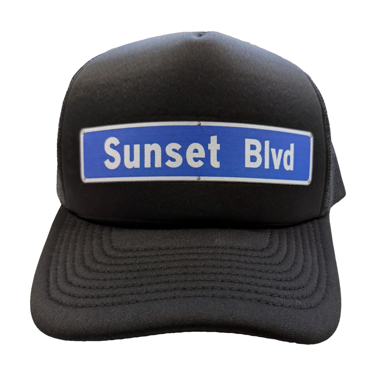 Sunset Blvd street sign black trucker hat by Di Snapback