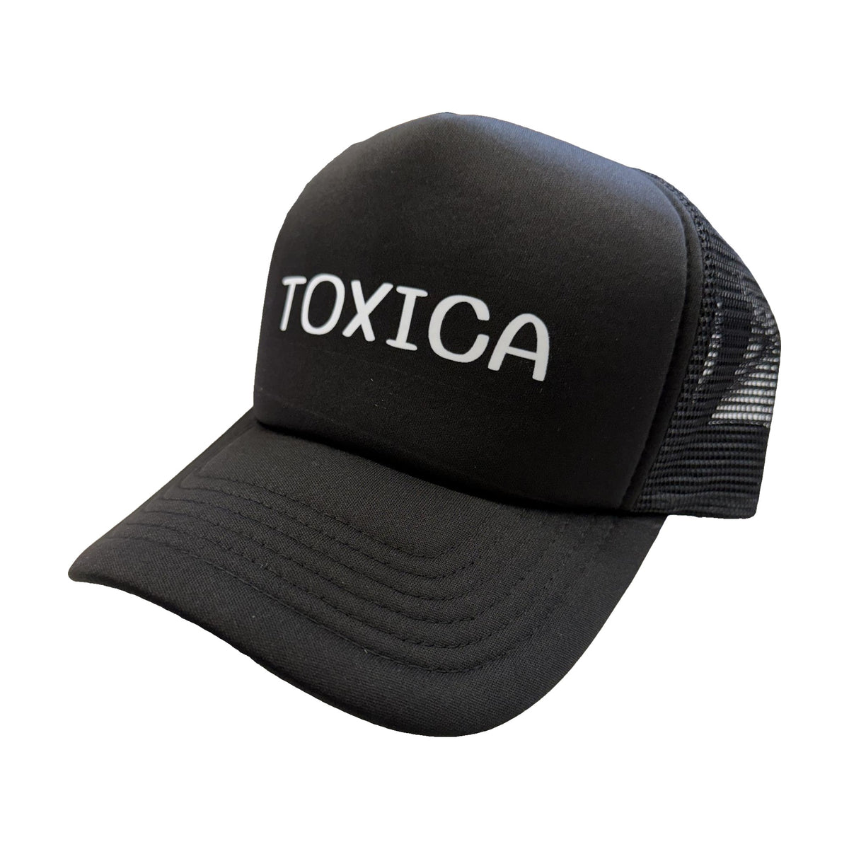 Toxica black trucker hat, angle view, by Di Snapback