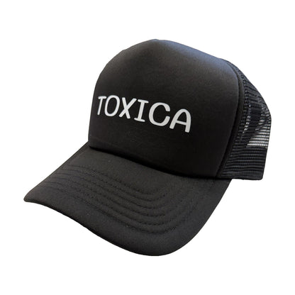 Toxica black trucker hat, angle view, by Di Snapback